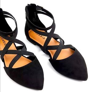 BLACK FAUX SUEDE ELASTIC STRAP POINTED TOE FLAT